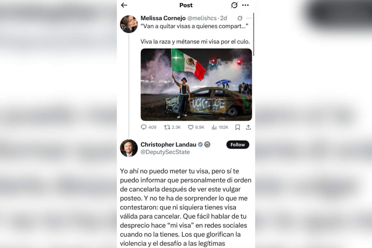 Publicación en la que el vicecanciller de EU anuncia el retiro de una visa por una publicación en X