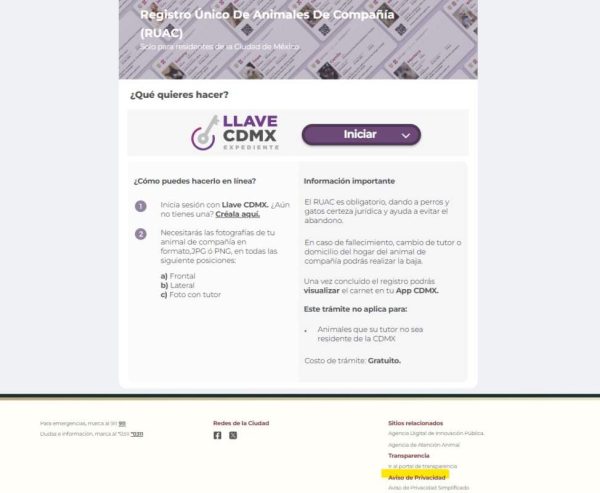 Refistro para mascotas en la CDMX solo ofrece el aviso de privacidad en la parte inferior