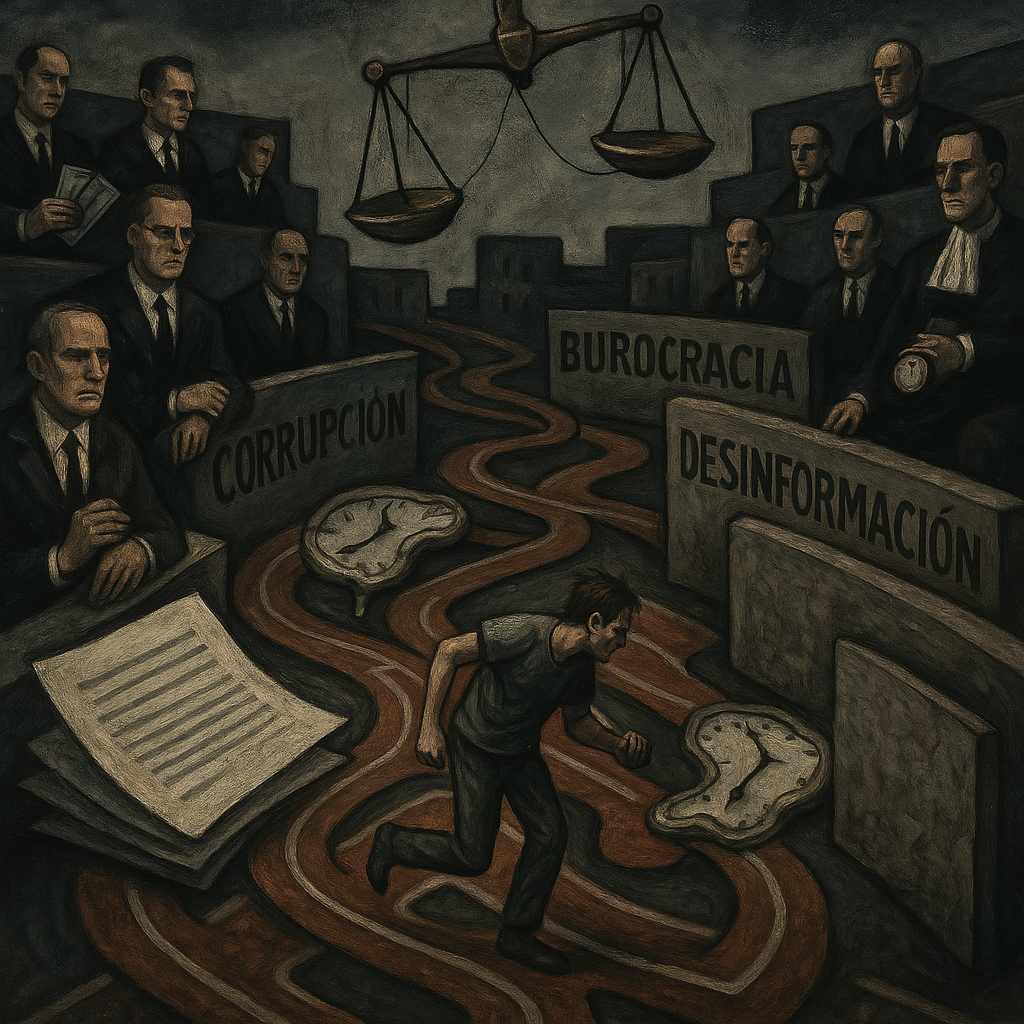 El acceso a la justicia semeja un circuito de obstáculos: burocracia, influencias, recursos económicos y desgaste emocional, preconfiguran quién puede o no llegar a la meta. Ilustración generada mediante IA de Copilot.