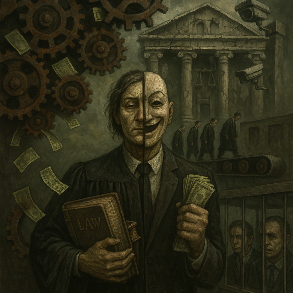 Las y los abogados, con frecuencia se sienten atrapados entre la ética profesional y un sistema que ellos saben premia lo contrario; la simulación y el soborno, por ejemplo. Ilustración generada mediante IA de Copilot.