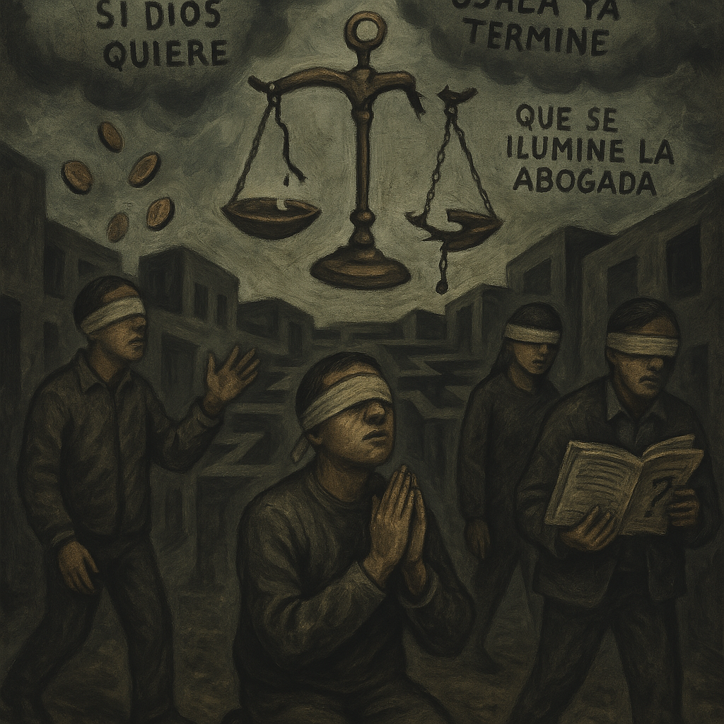 Ante un sistema incomprensible y que les falla, la ciudadanía recurre a la oración, la esperanza, o la fe en que mejorará la suerte y sus procesos legales podrán avanzar. Ilustración generada mediante IA de Copilot.