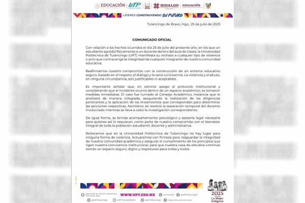 Alumno de la UPT en Hidalgo golpea a profesor que presuntamente se burló de él; sindicato inicia proceso legal