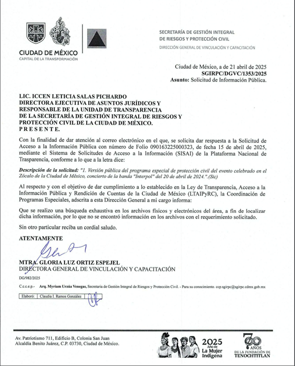 La banda Interpol se presenta en el Zócalo de la Ciudad de México el 20 de abril de 2024, las autoridades estiman una asistencia de 120 mil personas, y no hay programa de protección civil.