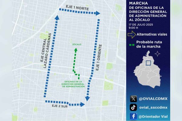 Mapa con alternativas viales por la marcha de la CNTE al Zócalo de este 17 de julio