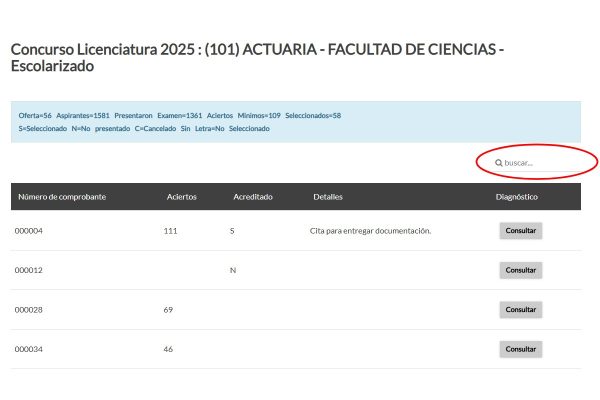 Ubicación del buscador de resultados examen UNAM 2025