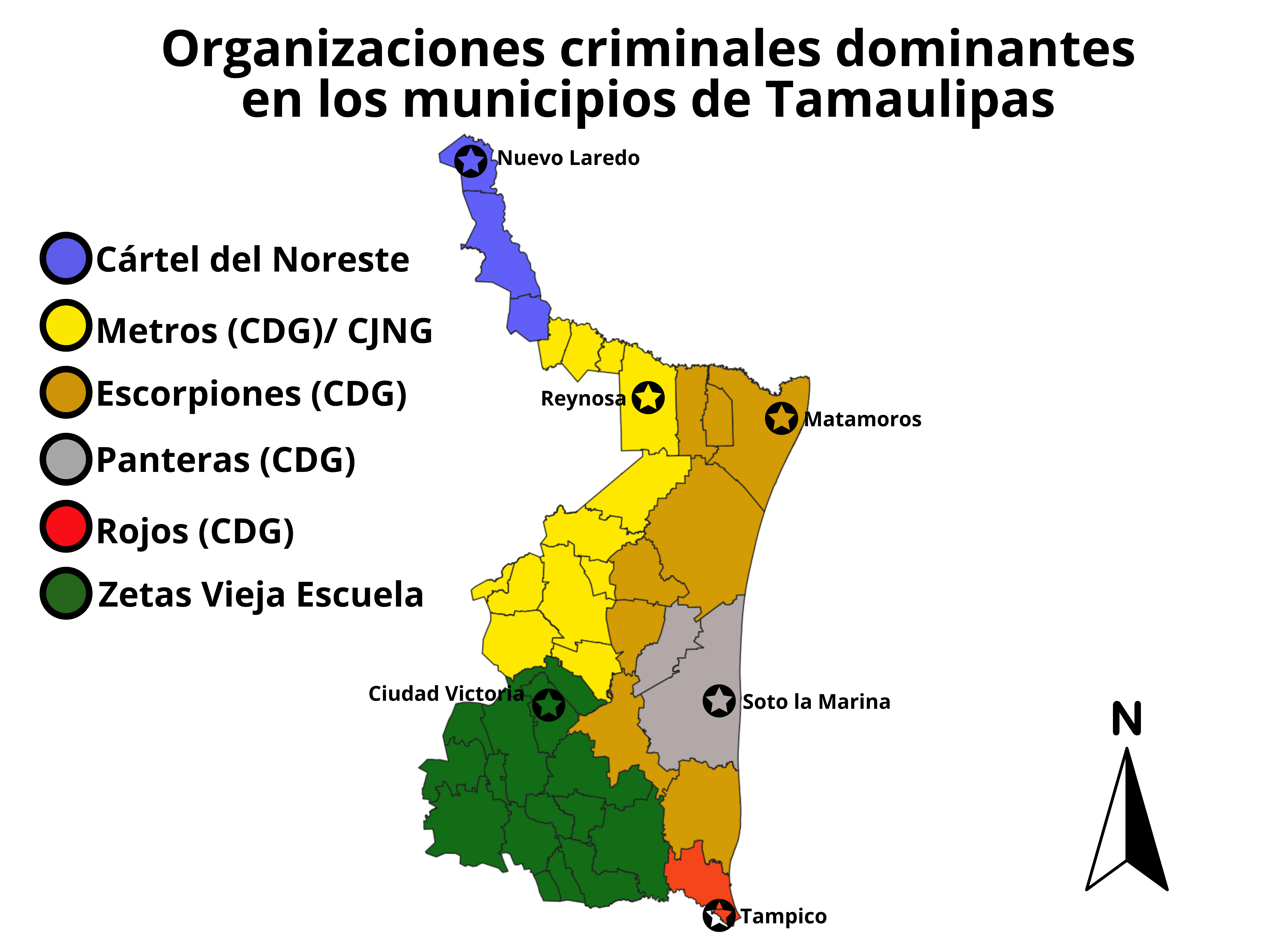 Mapa con los cárteles que hay en Tamaulipas y los territorios que ocupan en la entidad.
