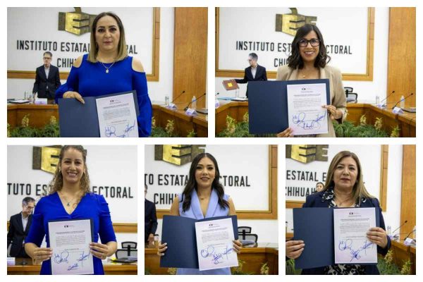 Sara Julieta Muñoz Andrade y Ilian Yasel Iradiel Villanueva Pérez, Adriana Salcido Burrola, Elvia Mariela Salvador Navejas y Laura Guadalupe Ocón Bailón| Foto: IEE de Chihuahua