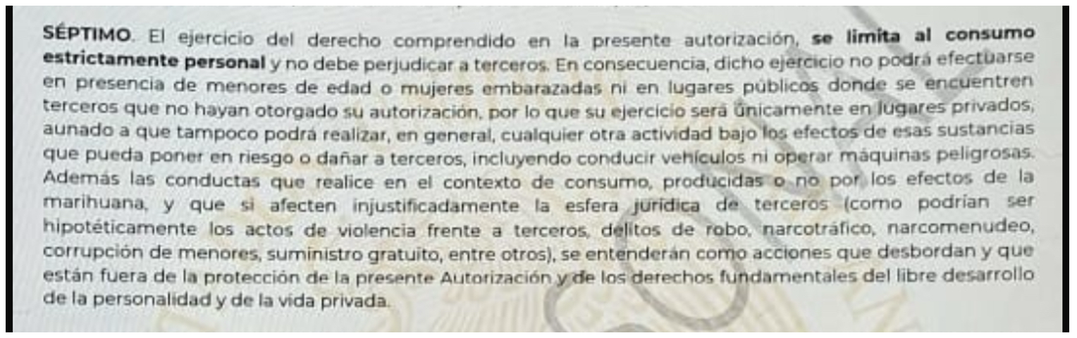 Extracto real de permiso emitido por COFEPRIS para consumir cannabis en zonas de tolerancia en la CDMX.