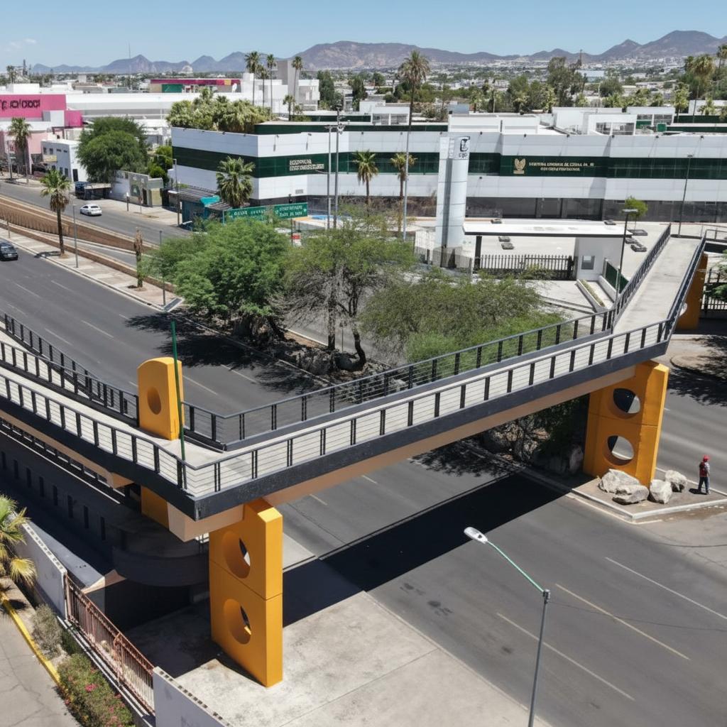 Puente peatonal del bulevar Luis Encinas, frente a la Universidad de Sonora, motivo de protestas estudiantil por representar una barrera física, un símbolo de exclusión y una ciudad pensada para los automóviles antes que para las personas.