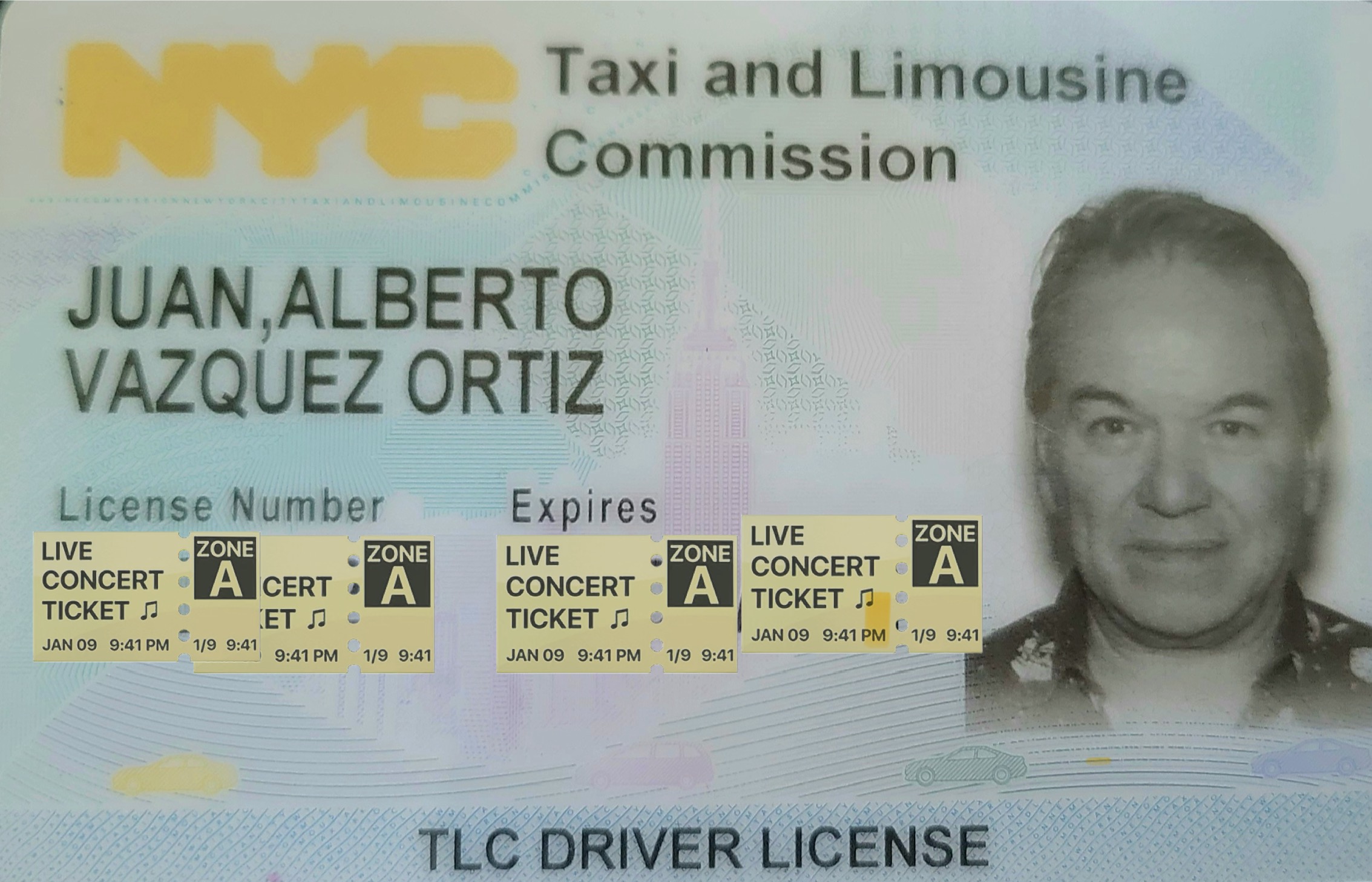 Licencia de Juan Alberto Vázquez de taxista en Nueva York.