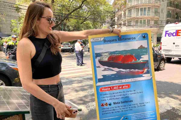 Manifestantes por una política ambiental libre de proyectos de gas usaron una carta pokemon