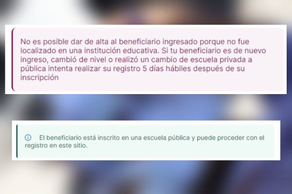 Mensaje de error y mensaje de beneficiario aprobado al registrarte en Mi Beca para Empezar