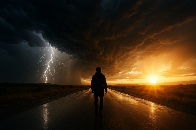 Un hombre camina en medio de una tormenta. Imagen creada con la herramienta GPT. 2025. Por Roberto Heycher.