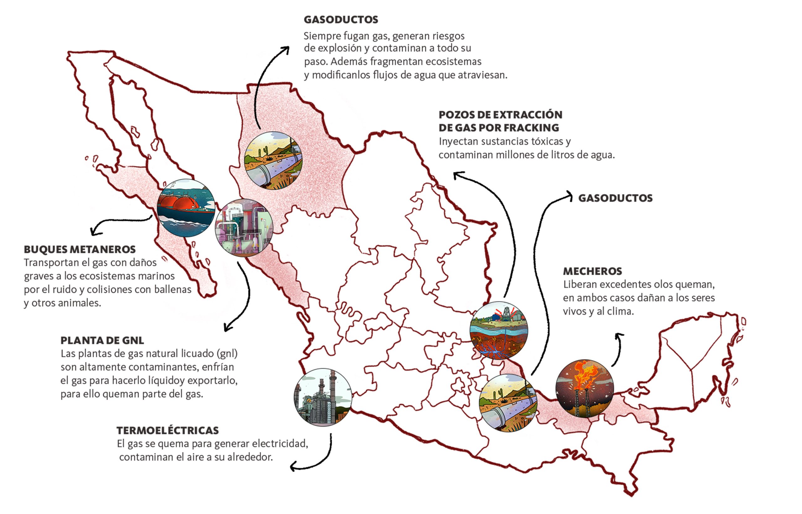 Mapa con los proyectos de extracción de gas natural y de fracking del Plan Pemex.