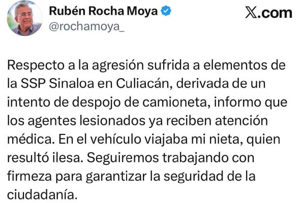 “No pasa nada”: gobernador de Sinaloa descarta reforzar su seguridad tras ataque a vehículo de su nieta