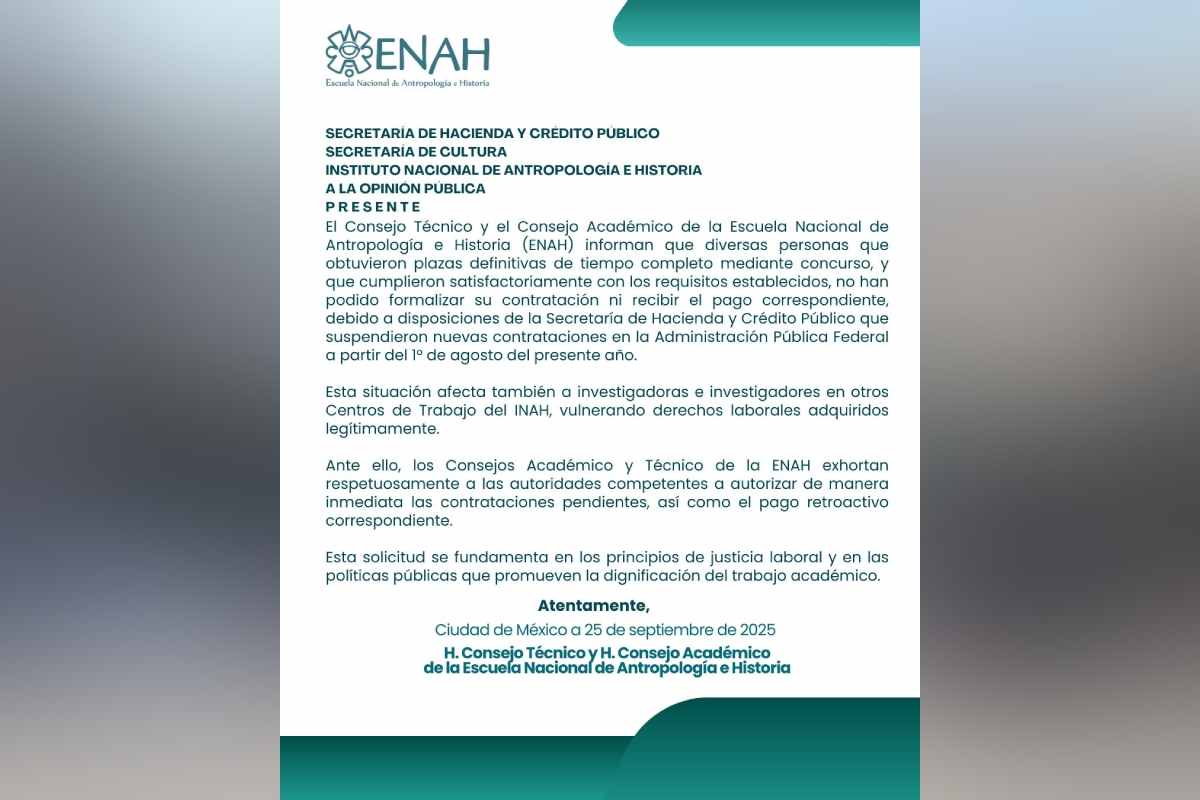 Trabajadores que obtuvieron plaza por concurso en la ENAH no han firmado contrato; dicen que Hacienda suspendió contrataciones
