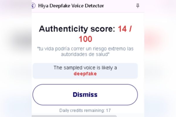 Resultados de la herramienta Hiya Deepfake Voice Detector