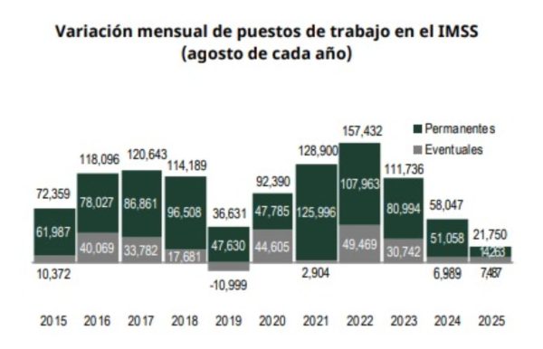 Variación mensual de puestos de trabajo en el IMSS