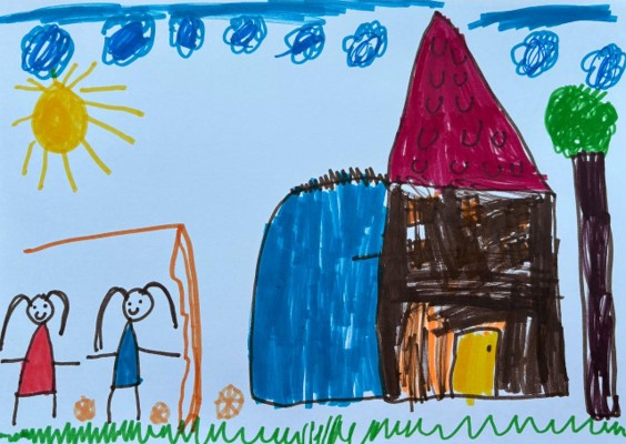Ilustración de Cecilia, de 5 años, de Brasil. Dibujó a su amiga Manuelle porque le encanta pasar tiempo con ella.