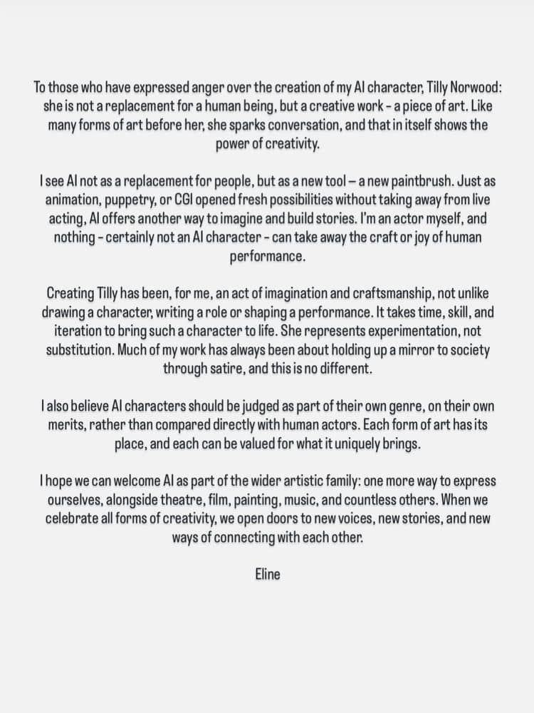 Comunicado de Eline Van Der Velden sobre Tilly Norwood