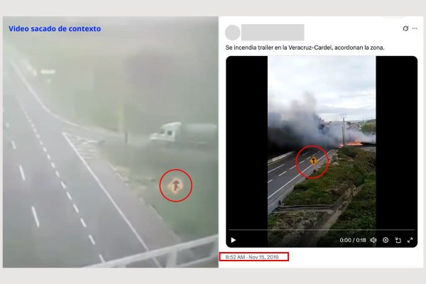 Fuente: Comparativa de imagen entre el video sacado de contexto y el reporte de la explosión de una pipa en Veracruz en 2019.