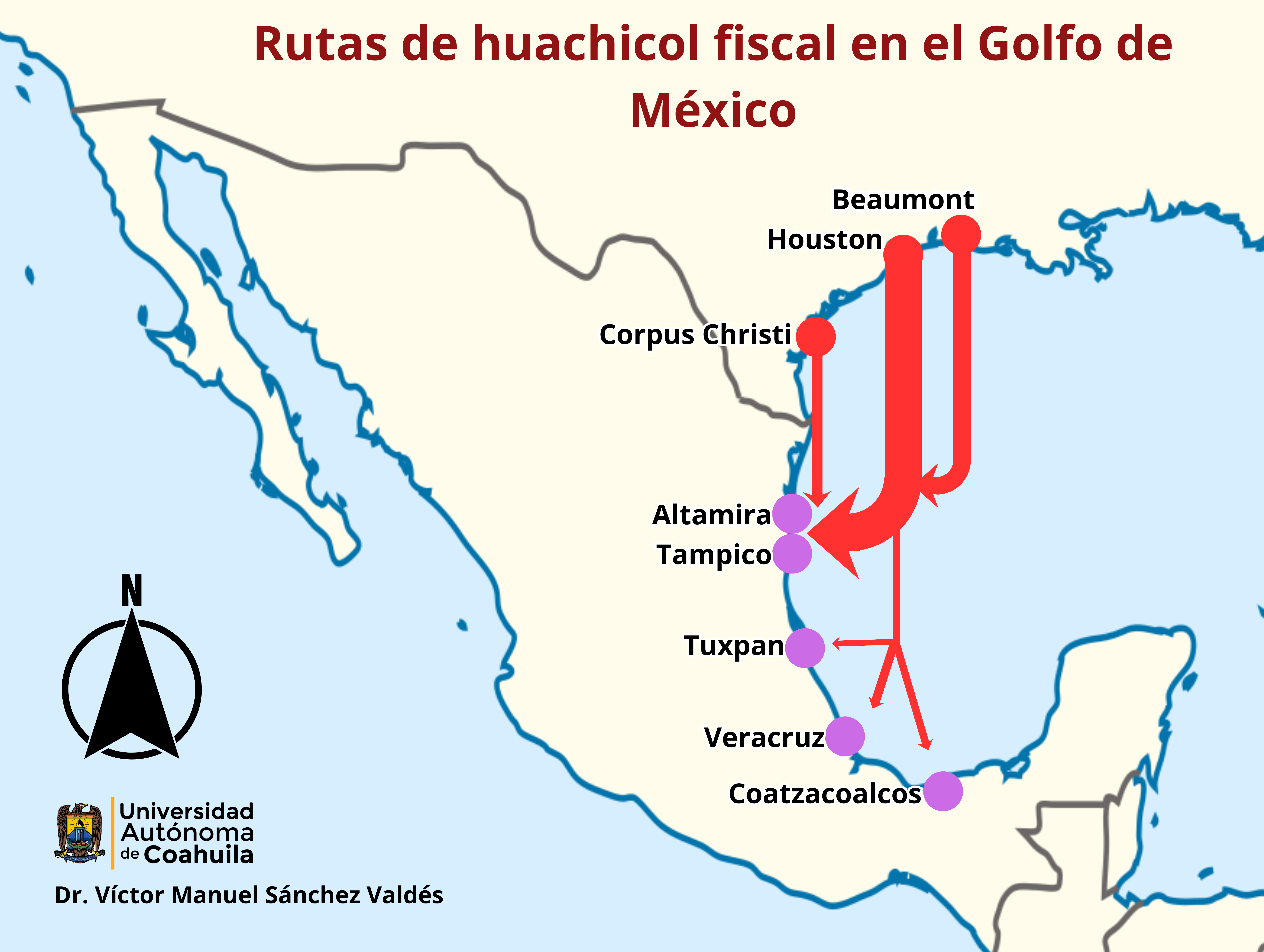 Mapa con las rutas del huachicol fiscal en el Golfo de México.