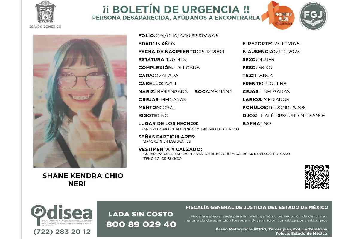 Reportan la desaparición en Chalco de Shane Kendra Chio Neri, alumna del CCH Vallejo