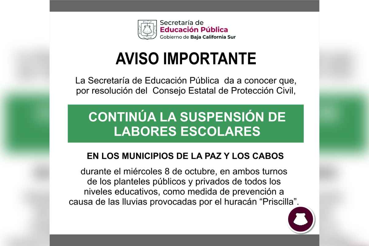 Suspensión de clases en BCS por huracán Priscilla