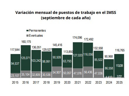 Variación mensual de puestos de trabajo en el IMSS