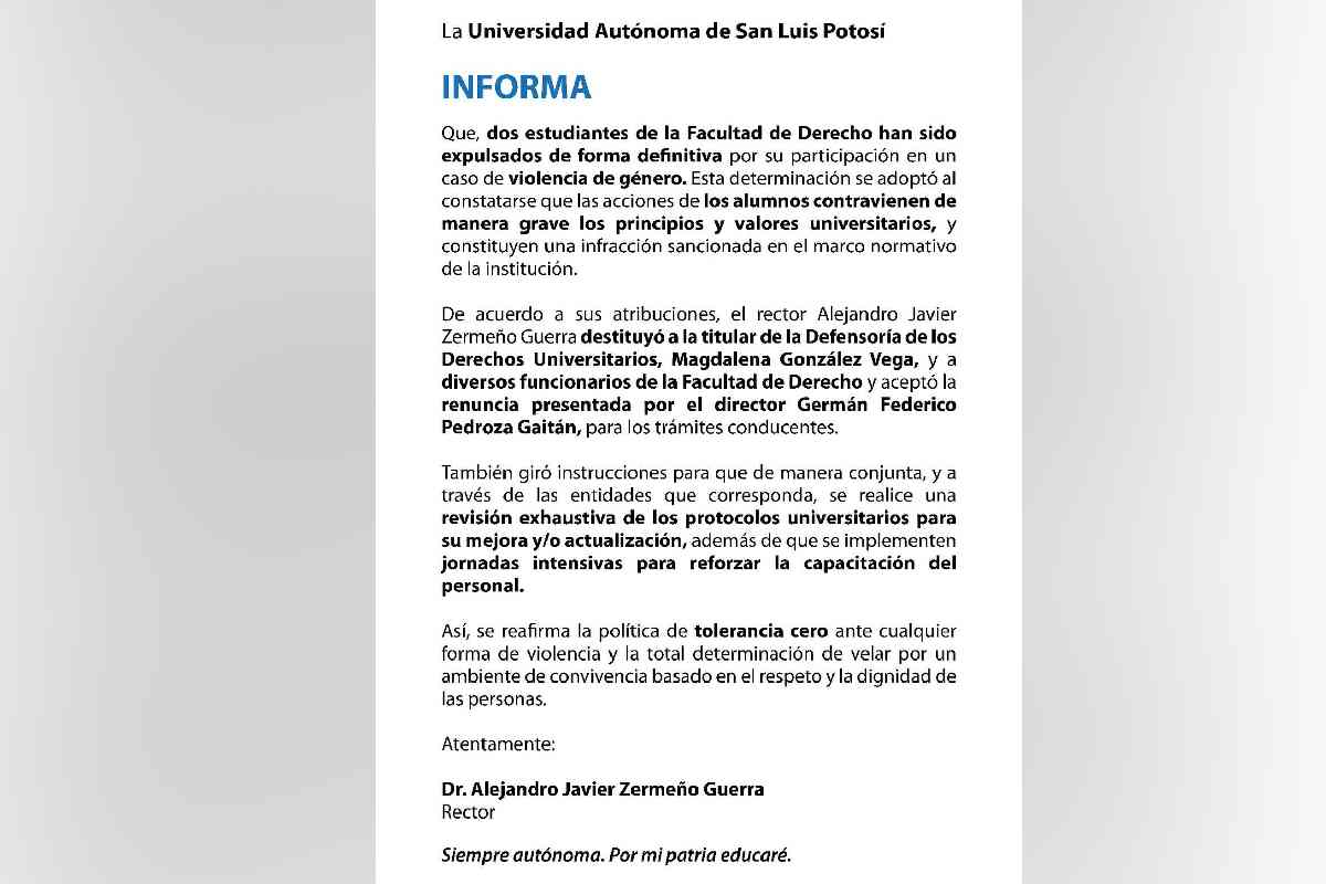 Denuncian violación en la Facultad de Derecho de la UASLP; hay un estudiante detenido, dos expulsados y el rector renuncia