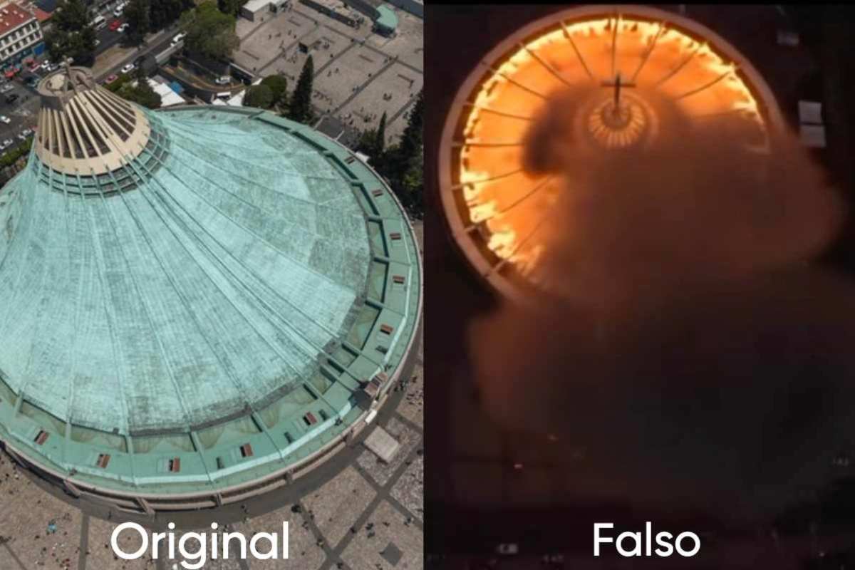 Un video viral en TikTok asegura que el recinto guadalupano sufrió un incendio, pero es falso, pues el clip fue elaborado con inteligencia artificial.