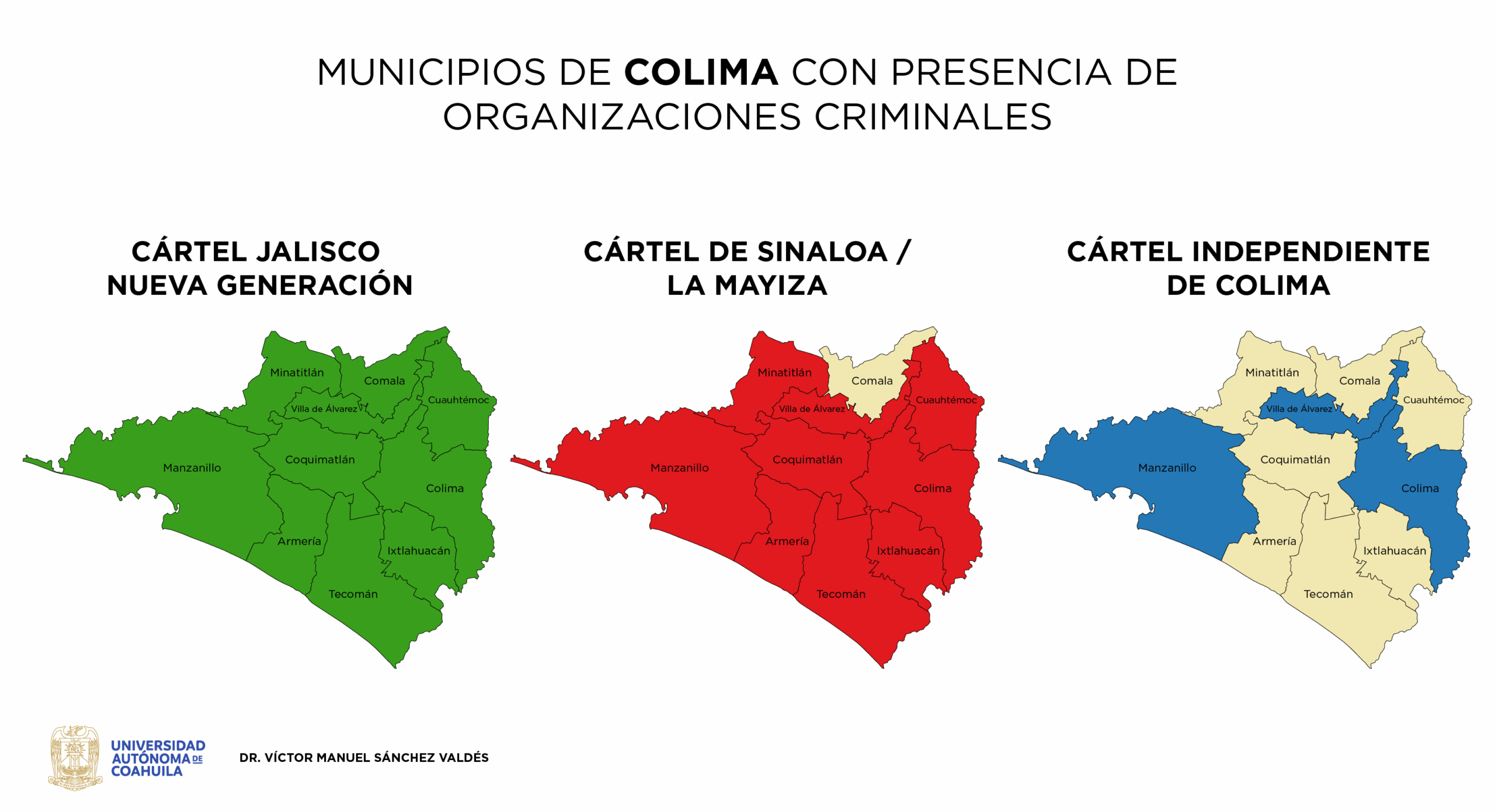 Mapa con los municipios de Colima que tienen presencia de organizaciones criminales.