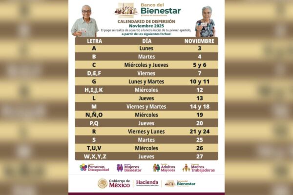 Calendario pagos pensión bienestar noviembre diciembre 2025
