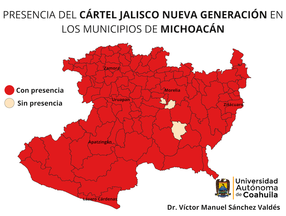 Mapa con la distribución de los cárteles de la droga y organizaciones criminales que operan en Michoacán en 2025.
