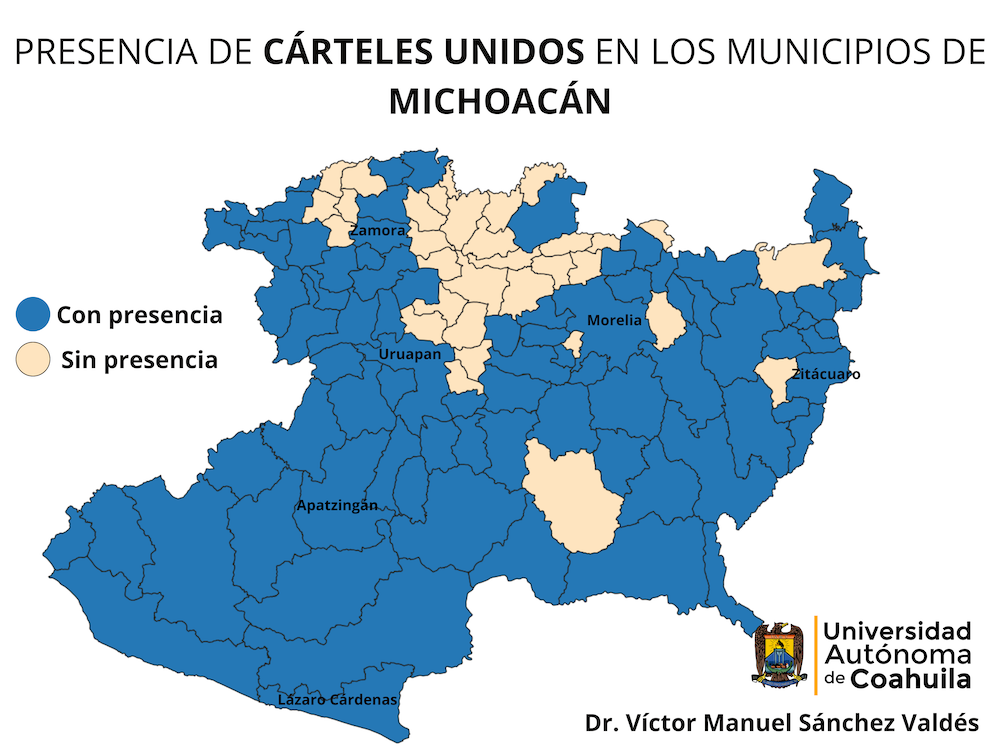 Mapa con la distribución de los cárteles de la droga y organizaciones criminales que operan en Michoacán en 2025.
