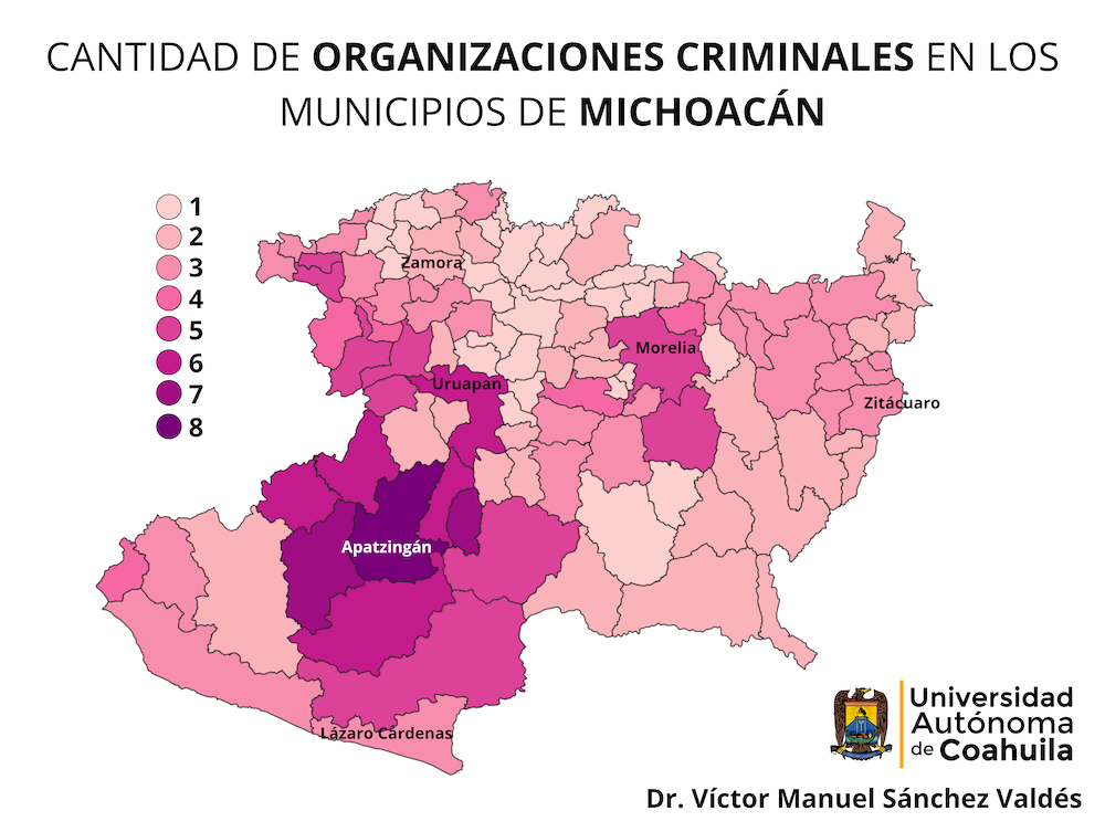 Mapa con la distribución de los cárteles de la droga y organizaciones criminales que operan en Michoacán en 2025.