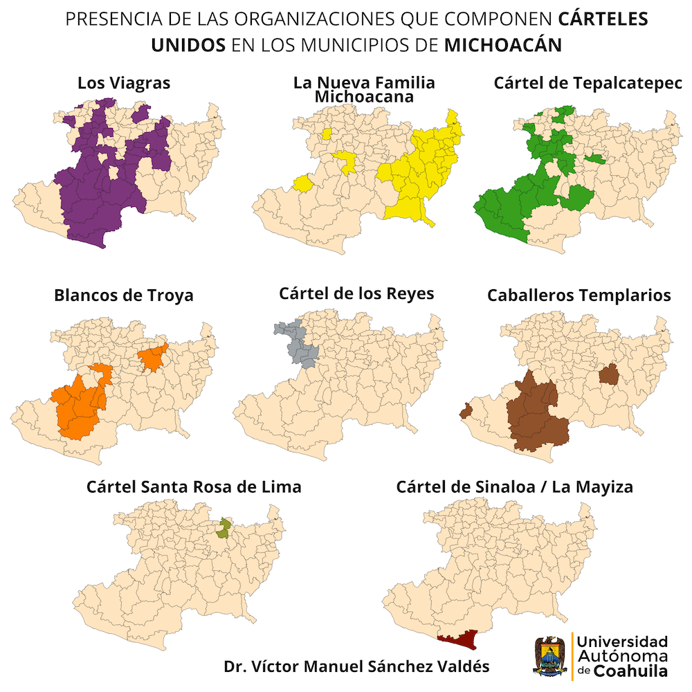 Mapa con la distribución de los cárteles de la droga y organizaciones criminales que operan en Michoacán en 2025.