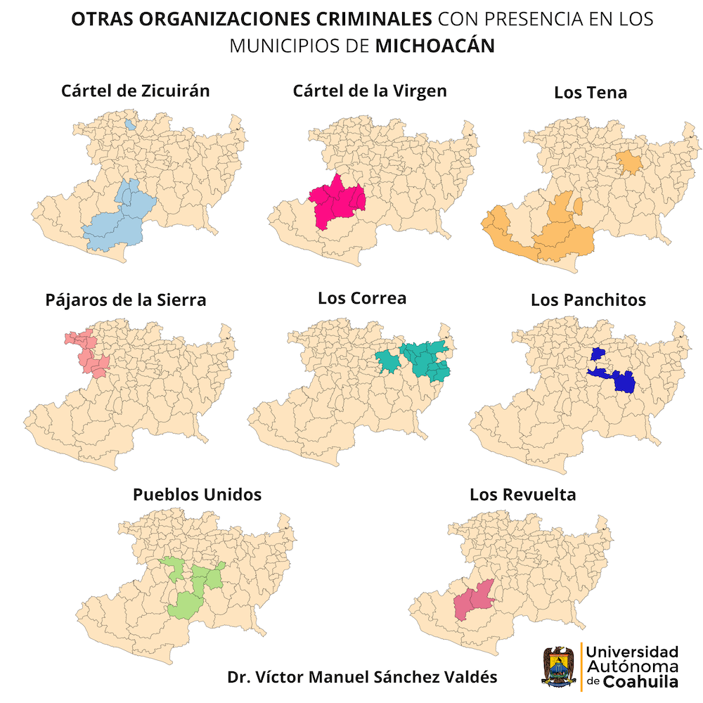 Mapa con la distribución de los cárteles de la droga y organizaciones criminales que operan en Michoacán en 2025.