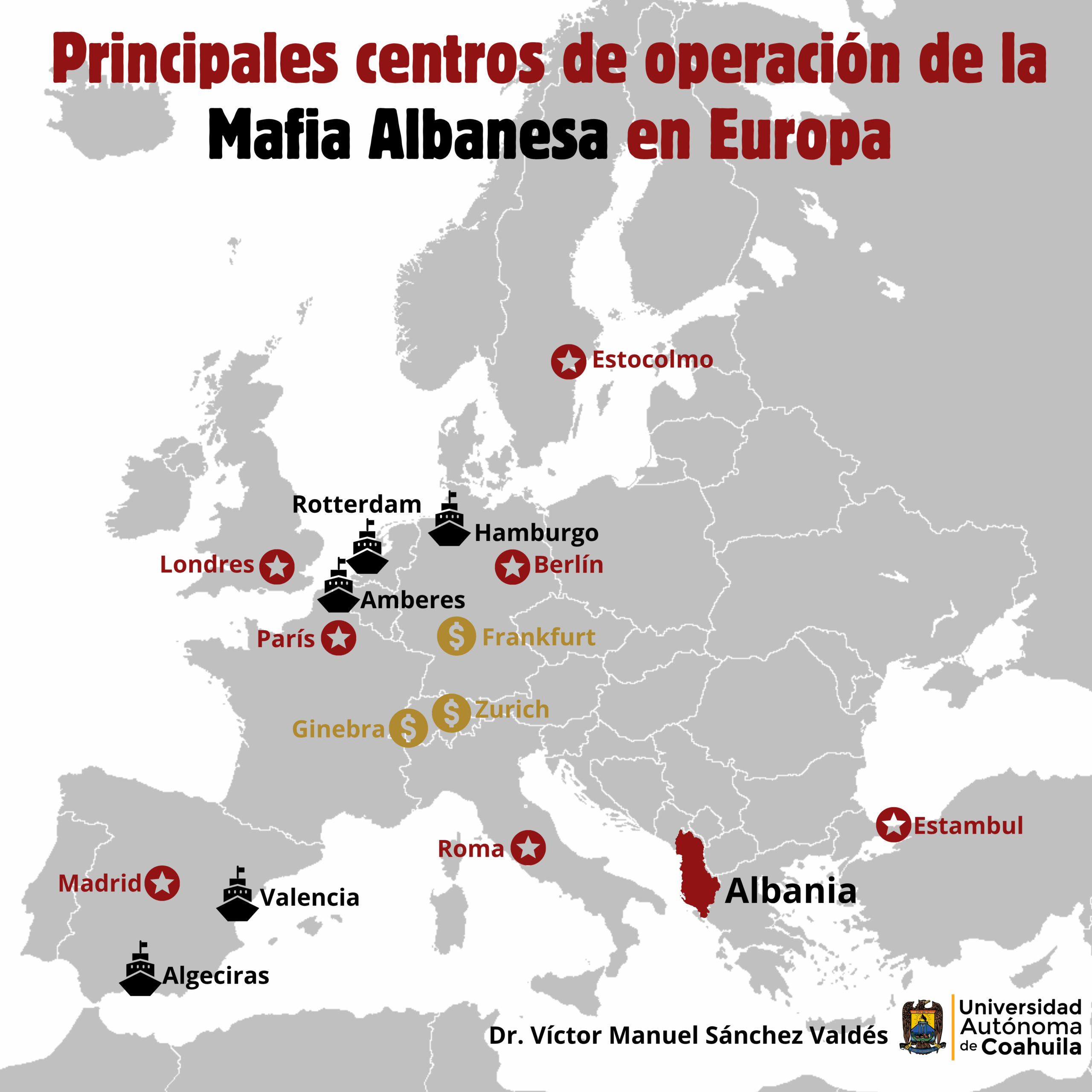 Mapa de los principales centros de operación de la mafia albanesa en Europa.