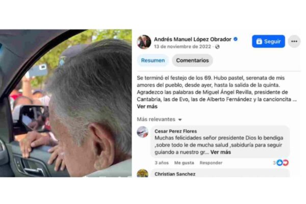 Fuente: Captura de pantalla del video original donde el expresidente López Obrador fue recibido por su cumpleaños en 2022/ Facebook.