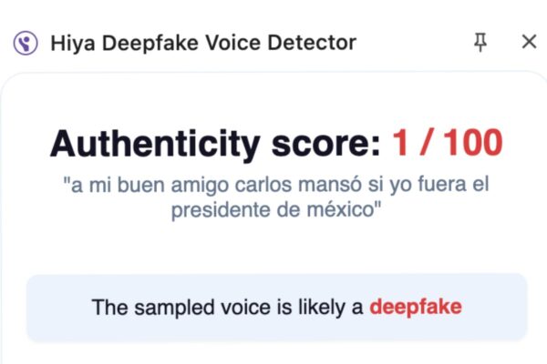 Fuente: Captura de pantalla de resultados de la herramienta Hiya Deepfake Voice Detector.