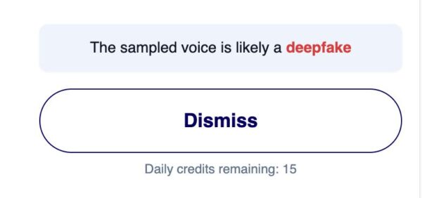 Fuente: Captura de pantalla del uso de la herramienta de detección de IA: Hiya Deepfake Voice Detector.