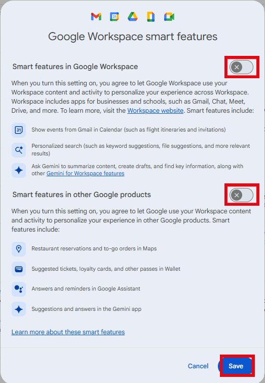 desactivar gemini google workspace