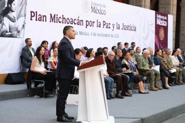 Omar García Harfuch, secretario de Seguridad, en la presentación del Plan Michoacán