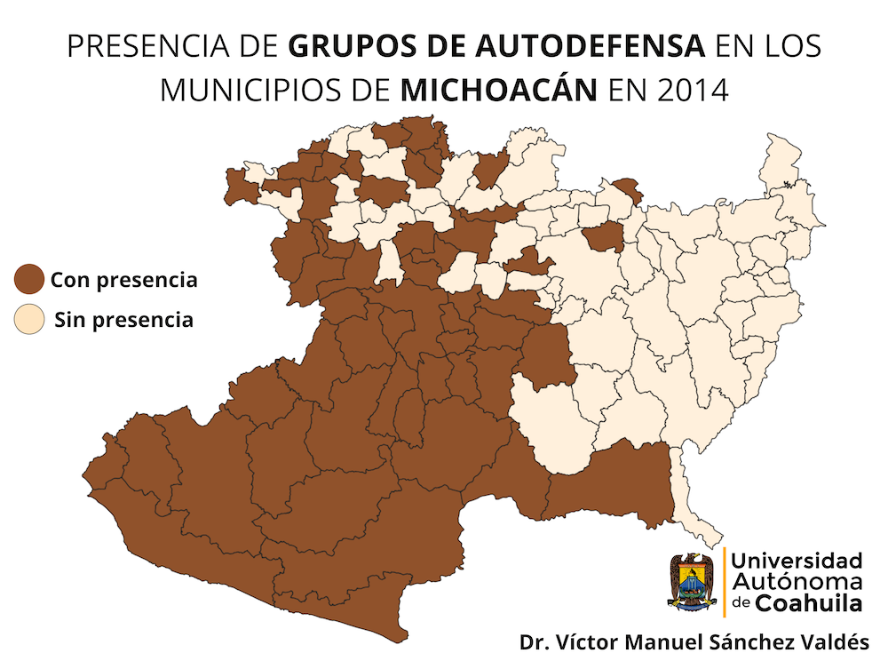 Mapa con la distribución de la presencia de autodefensas en los municipios de Michoacán en 2014.