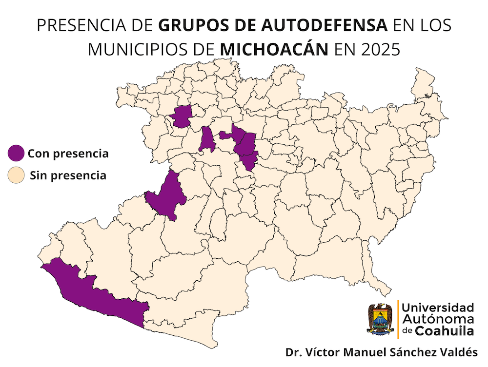 Mapa con la distribución de autodefensas en los municipios de Michoacán en 2025.