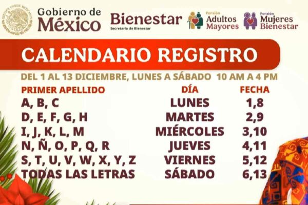 Calendario registro pensión bienestar adultos mayores mujeres diciembre 2025