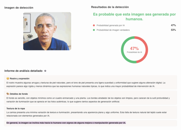 Fuente: Captura de pantalla del uso de la herramienta de detección de IA.