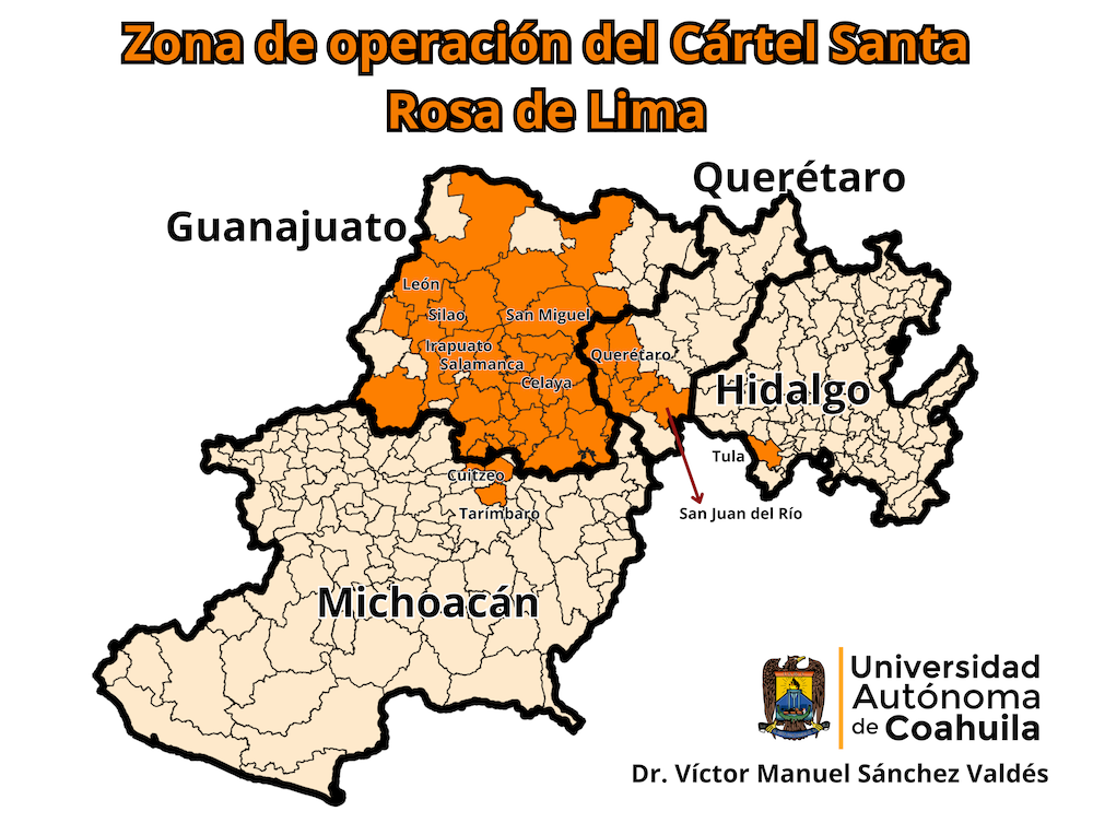 Mapa con la zona de operación del cártel Santa Rosa de Lima, elaborado por el investigador de la Universidad Autónoma de Coahuila, Víctor Manuel Sandoval Valdés.