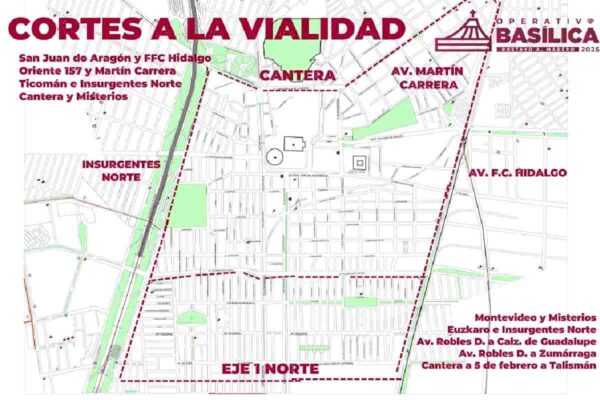 Cortes a la vialidad operativo Basílica de Guadalupe 2025